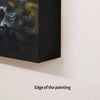 Large abstract square painting with golden snowflake-like patterns on a dark background, framed on a plain white wall