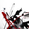 Minimalist abstract art on canvas depicting dynamic brush strokes in black, white, and red.