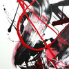 Bold abstract artwork on canvas with dynamic red and black brushstrokes