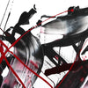 Abstract square canvas art with bold, dynamic brushstrokes in black, white, and red. Striking minimalist design with a sense of movement and energy.