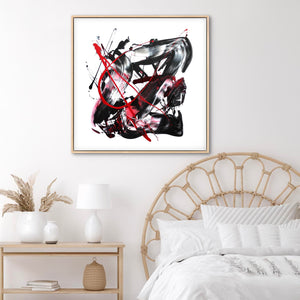 Minimalist abstract art, Firedance I 100x100cm canvas painting with bold black, red, and white brushstrokes creating a dynamic, modern design for home or office decor.