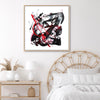 Minimalist abstract art, Firedance I 100x100cm canvas painting with bold black, red, and white brushstrokes creating a dynamic, modern design for home or office decor.