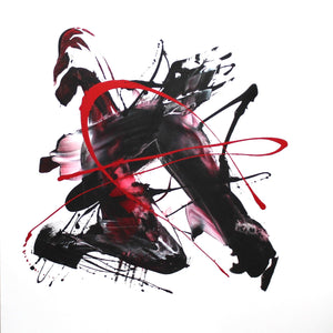 Vibrant abstract square painting with bold red, black, and white brushstrokes, creating a dynamic and expressive modern artwork.