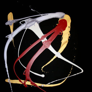 Vibrant abstract art piece featuring intersecting lines and shapes in red, yellow, and grey on a black background.
