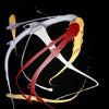 Vibrant abstract art piece featuring intersecting lines and shapes in red, yellow, and grey on a black background.