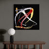 Abstract Art | Fireworks 34x34" - Vibrant swirls of red, yellow, and white paint create a dynamic, expressive abstract artwork on a black canvas, displayed in a modern home setting.