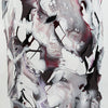 Colorful abstract canvas art with swirling patterns and textures in shades of white, pink, and black.