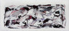 Abstract landscape painting with dynamic black, white, and burgundy brushstrokes creating a sense of movement and depth on a canvas.