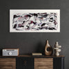 Large abstract landscape painting with monochromatic swirling patterns in various shades of grey, white, and black. Displayed on a dark wall above a mid-century modern cabinet with decorative ceramic objects.