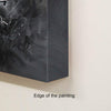 Large abstract painting with a dark, textured design against a white background