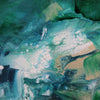 Large abstract painting with vibrant green and blue hues, showcasing an artistic blend of colors and textures reminiscent of a cloudy sky or underwater scene. The canvas features a visually striking and captivating abstract landscape.