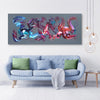 Vibrant abstract painting depicting flowing, colorful shapes and dynamic movement. The artwork features a mix of blues, reds, and purples, creating an energetic and visually striking composition. The abstract design would make an impactful statement as a large canvas piece in a modern, minimalist living room setting.