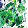 Expressive Painting | Emerald Whirlwind 100x100cm - Abstract square painting showcasing vibrant green and blue brushstrokes against a white backdrop, creating a dynamic and energetic abstract art piece.