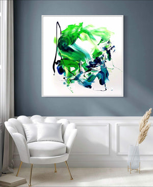 Vibrant abstract art - Gestural Art | Springfields I 100x100cm on display in a modern living room setting