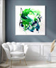 Vibrant abstract art - Gestural Art | Springfields I 100x100cm on display in a modern living room setting