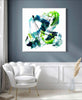 Vibrant abstract painting with bold, dynamic brushstrokes in earthy tones of green, black, and blue on a white canvas, creating a striking modern art piece for a living room or office wall.