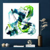 Gestural art print | Springfields II 100x100cm abstract square canvas with vibrant green, blue, and black brushstrokes creating a dynamic, modern artwork suitable for home or office decor.