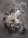 Large abstract landscape painting with bold, expressive brushstrokes in shades of gray, black, and white. Textured and dynamic composition with a sense of movement and energy.