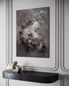 Taupe Abstract Landscape | Twilight Dreams 36x48" - Large abstract landscape painting with earthy tones and dreamlike brushstrokes, displayed on a gray wall with decorative molding.