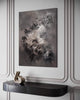 Taupe Abstract Landscape | Twilight Dreams 36x48" - Large abstract landscape painting with earthy tones and dreamlike brushstrokes, displayed on a gray wall with decorative molding.