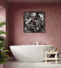 Large Abstract Art | Winter Skies 36x36"
A striking abstract painting in earthy tones decorates the wall above a modern white bathtub in this cozy bathroom setting.