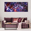 Vibrant Abstract Art | Waiting For A Star To Fall 30x72"
Colorful abstract landscape painting in shades of blue, purple, and red displayed above a plush purple sofa with accent pillows in a modern living room setting.