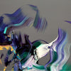 Large abstract painting with vibrant purple, blue, and green swirling brushstrokes. The dynamic, textured artwork showcases a modern, artistic style with a captivating visual appeal.
