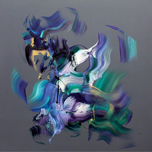 Bold abstract painting with dynamic brushstrokes in vibrant blue, green, and purple hues against a gray background, creating a captivating and visually striking artwork.