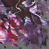 Vibrant abstract canvas painting with swirling brushstrokes in bold shades of purple, red, and gray. The expressive, textured artwork features dynamic movement and a striking color palette.