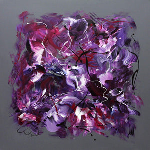 Abstract square canvas painting with vibrant shades of purple, pink, and black brush strokes. Chaotic and dynamic abstract artwork with a free, expressive style. Earthy, bold colors and dramatic, striking compositions typical of the Paresh Nrshinga Abstract Art collection.