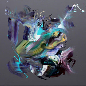 Vibrant abstract art painting with bold brushstrokes in earthy tones of brown, green, and blue on a dark background