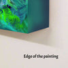Large abstract canvas artwork depicting vibrant green and blue brushstrokes, showcased against a plain white wall