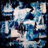 Large abstract square art piece featuring a mesmerizing blend of blue, white, and black tones. The composition showcases a dreamlike, otherworldly landscape with organic, fluid shapes and textures. This modern artwork would make an impactful visual statement in any home or office space.
