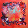 Vibrant abstract artwork with dynamic brushstrokes in fiery red, orange, and purple hues. Energetic, expressive, and captivating large canvas painting.