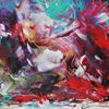Vibrant abstract square painting showcasing a kaleidoscope of colors including red, green, blue, and purple brush strokes. Textured and dynamic artwork with a sense of movement and energy. Large canvas displaying Paresh Nrshinga's original modern art style.