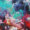 Vibrant abstract painting depicting a kaleidoscope of colorful, swirling brushstrokes in shades of blue, green, red, and yellow. The artwork showcases a dynamic and expressive use of paint, creating a visually captivating and energetic composition.