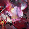 Vibrant abstract painting with bold brushstrokes in shades of red, purple, and yellow. Expressive, textural artwork filled with dynamic energy and motion.