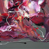 Vibrant abstract square painting in striking shades of red, pink, and purple with dynamic brushstrokes and gestural elements, showcasing the artist's bold and expressive style.