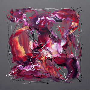 Abstract painting of vibrant, swirling colors including shades of red, purple, and orange on a gray background