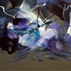 Vibrant abstract artwork with swirling brushstrokes in shades of blue, purple, and tan. Energetic composition featuring dynamic movement and visual interest. Captivating large-scale abstract painting suitable for modern home or office decor.