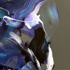 Colorful abstract painting featuring dynamic brushstrokes in shades of blue, purple, and white