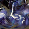 Vibrant abstract painting with swirling brushstrokes of purple, blue, and white tones. Artistic expression captured in a dynamic, textured canvas design.