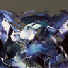 Blue and white abstract painting with bold, sweeping brushstrokes in a dynamic, flowing composition.