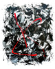 Striking abstract art featuring bold black, white, and red brushstrokes and splatters, creating a dynamic and expressive composition.
