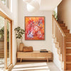 Vibrant abstract painting on canvas | Enchanted Spring by Paresh Nrshinga | Colorful modern artwork displayed in bright home entryway with wooden bench and houseplant