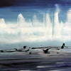 Ethereal winter landscape with icy peaks, mist, and reflections on a still body of water