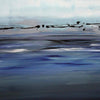 Serene coastal landscape. Abstract painting showcasing a tranquil ocean scene with hazy horizon line, subtle color gradients, and textured brush strokes. Evokes a sense of peaceful contemplation.