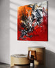 Captivating large abstract canvas art with vibrant red, orange, and black hues, showcasing a striking modern artistic expression for a contemporary home or office setting.