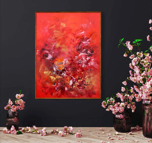 Vibrant Abstract Landscape | Fiery Red Floral Explosion on Canvas