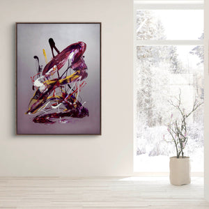 Gestural Art | Dancing In The Sky 36x48" - Vibrant abstract painting with dynamic brushstrokes and vivid colors, displayed in a modern gallery setting with a scenic winter landscape visible through the window.
